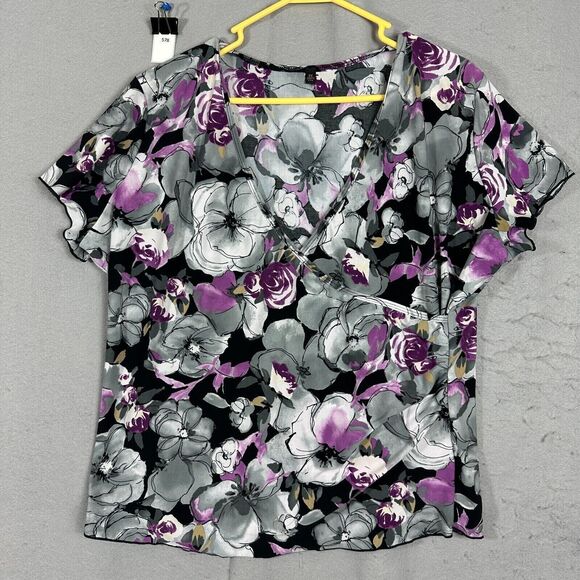 Unbranded Tops - Womens Top Blouse Purple Flowers Plunge Neck Plus Size 2X